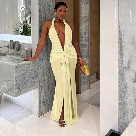 Women Autumn Winter Women Sexy Backless Halter Deep V Plunge neck Solid Color Split Dress Women Bella Mia