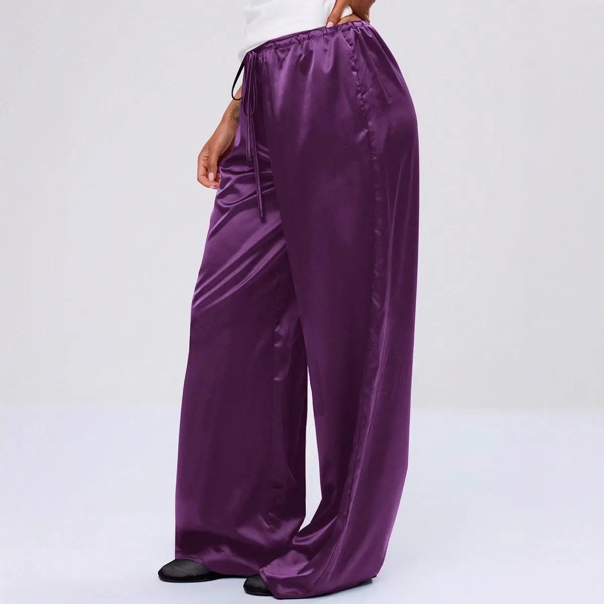 Women Clothing Trendy Autumn Satin Satin Casual Pants Loose Wide Leg Drawstring Long Pants Bella Mia