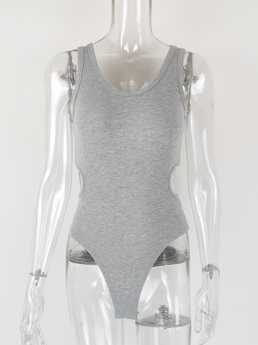 Autumn Winter Women Sexy Slim Fit U Collar Waist Hollow Out Cutout-out Rayon Rib Jumpsuit Women Bella Mia