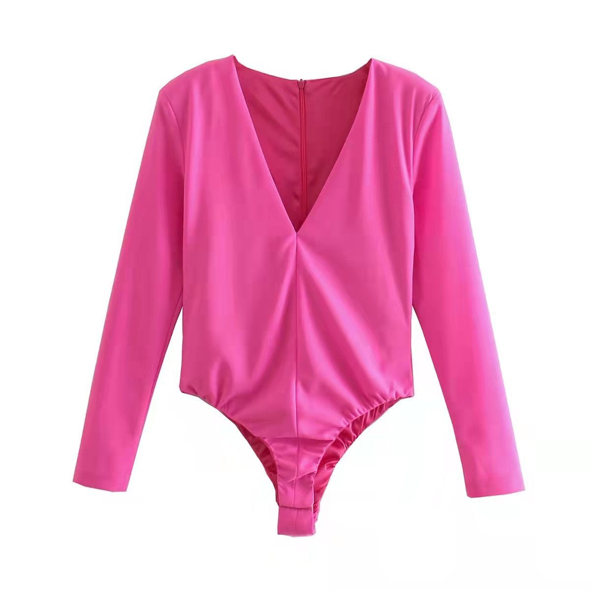 Women Clothing Sexy Four Color Deep V Plunge neck Padded Shoulder Close Fitting Inner Bodysuit
