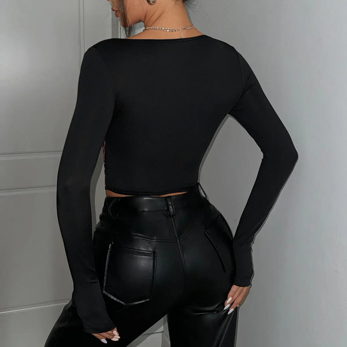 Women Top T shirt Long Sleeve Sexy Leopard Print Contrast Color See through Sexy Mesh Boning Corset Bra Bella Mia