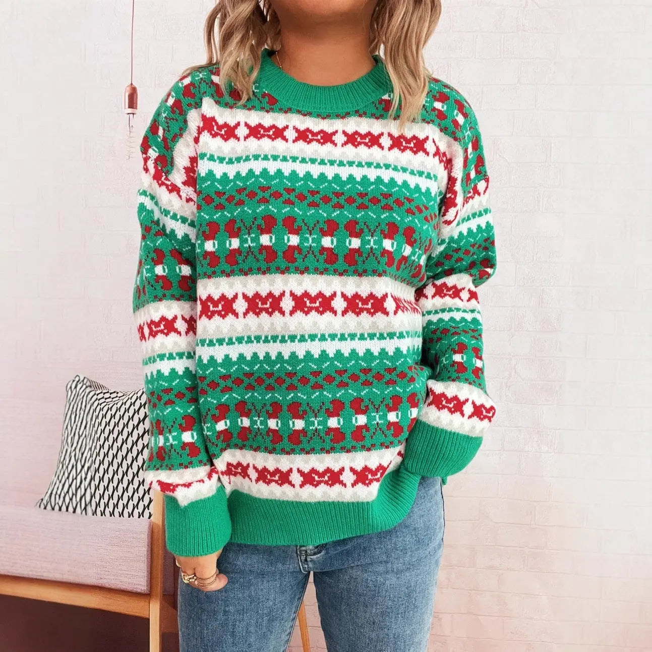 Autumn Winter Cute Pattern Christmas Jacquard Contrast Color round Neck Long Sleeved Knitted Pullover Casual Sweater Bella Mia