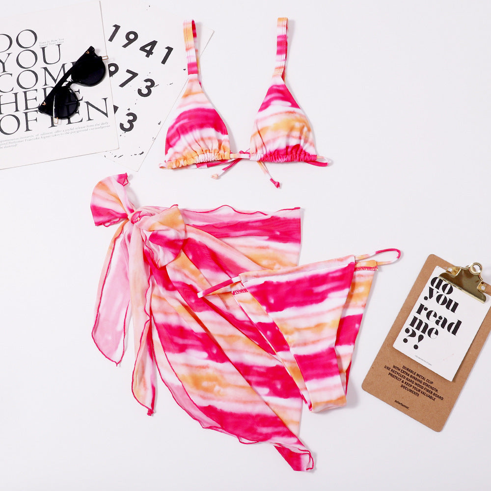 Sexy Women Triangle Split Bikini Mesh Three Piece Suit Crisp Linen Printed Women Swimsuit Bella Mia