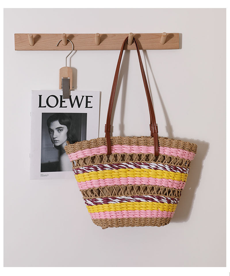 Hollow Out Cutout Straw Bag Vintage Stripe Portable Straw Bag Woven Bag Seaside Vacation Beach Bag Shoulder Bag Bella Mia