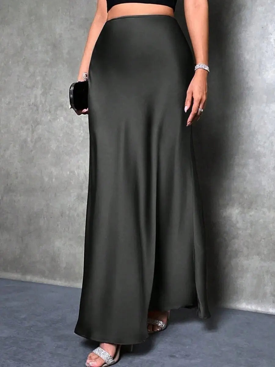 Satin A Line Maxi Skirt For Women Slim Zipper Solid Pattern Seasonless Bella Mia