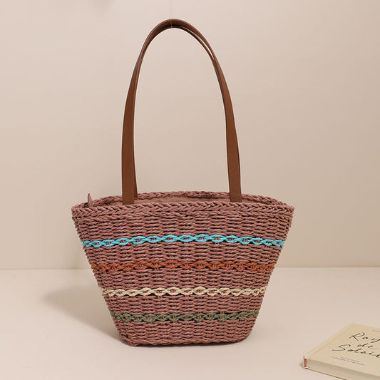 Colorful Striped Shoulder French Straw Bag Large Capacity Woven Bag Women Seaside Vacation Beach Bag Bella Mia