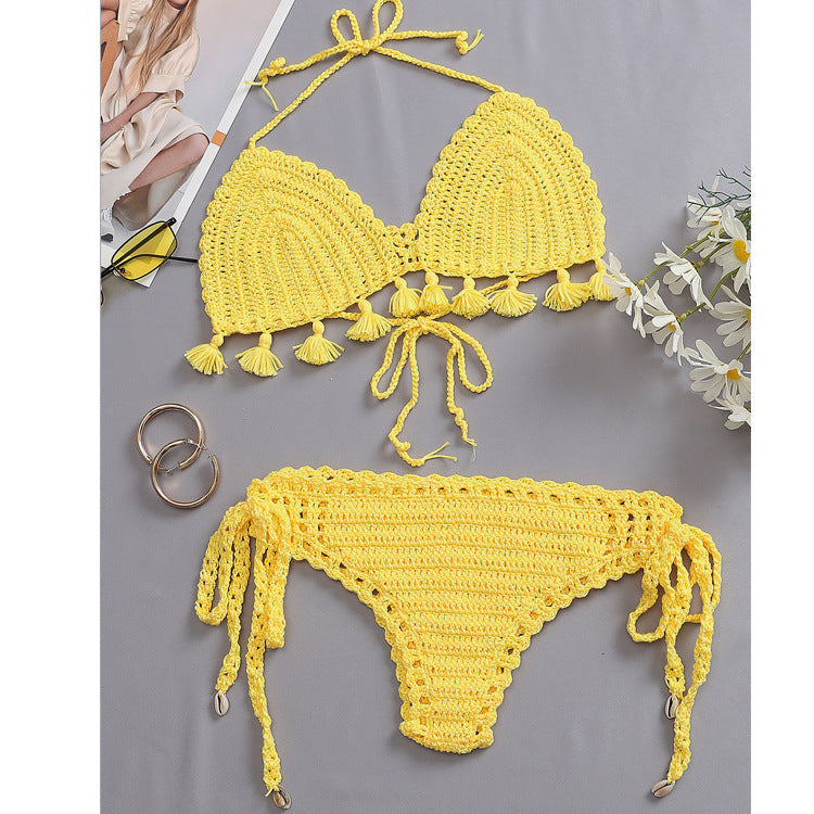 Beach Vacation Knitted Hand Crocheting Sexy Bikini Tassel Shell Strap Split Suit Multi-Color Optional Crochet hook Bella Mia