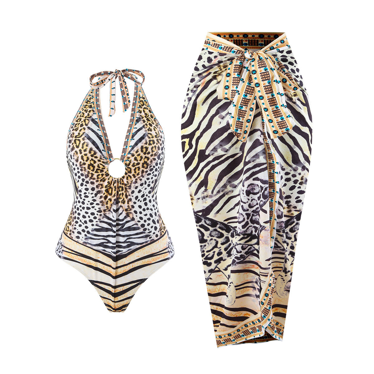 Bikini Leopard Print Lace up Halterneck Cover Belly Backless Gauze Skirt Sunscreen Swimsuit Women Bella Mia