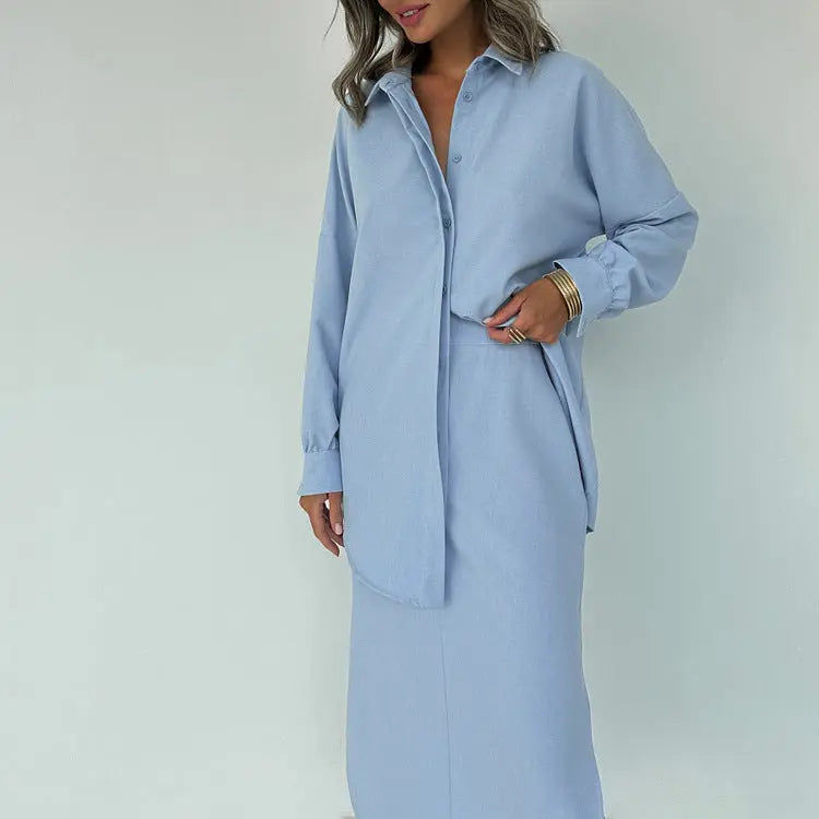 Women Cotton Split Skirt Office Collared Long Sleeve Cardigan Top Two Piece Set Bella Mia