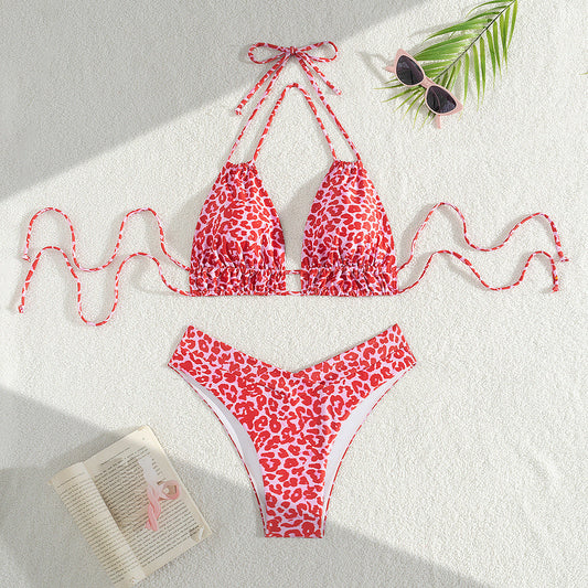 Solid Color Lace Up Adjustable Halter Top Sexy V Shaped Bottom Bikini Bella Mia