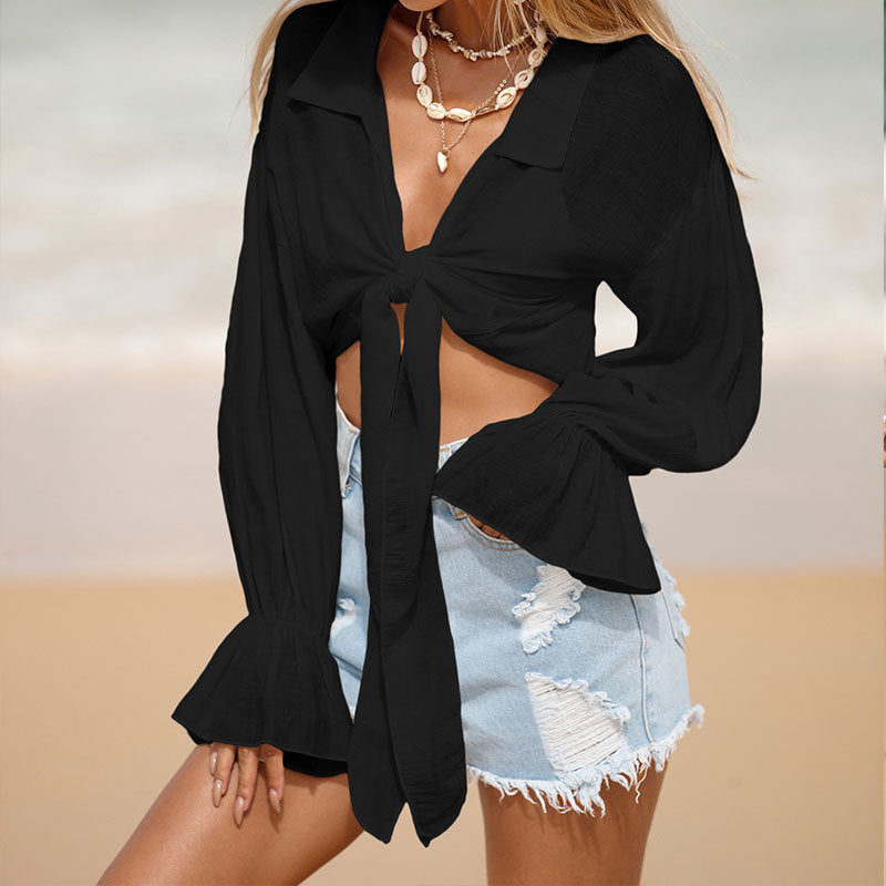Beach Cover Up Sun Protection Front Lace Up Slub Cotton Shirt Long Sleeve Beach Sun Protection Shirt Women Bella Mia