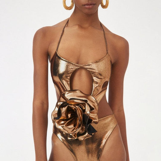 Gold Handmade Floral Halter Hollow Out Cutout out Swimsuit Women Bella Mia