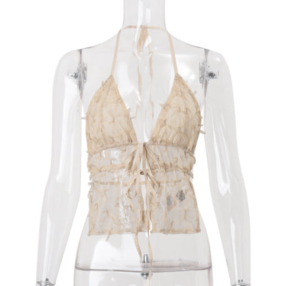Women Clothing Summer Sexy Sexy Lace up Cardigan Sexy Halterneck Vest Top