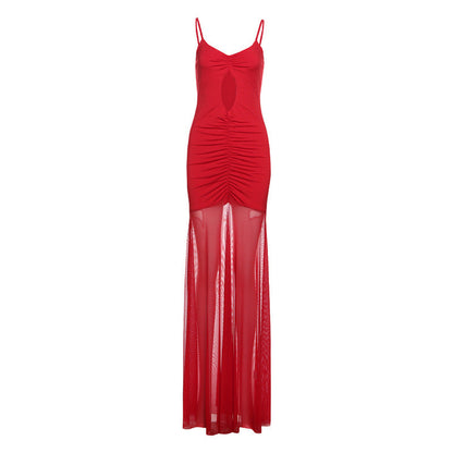 Summer Sexy Cutout Sling Maxi Dress Solid Color Mesh Dress Women