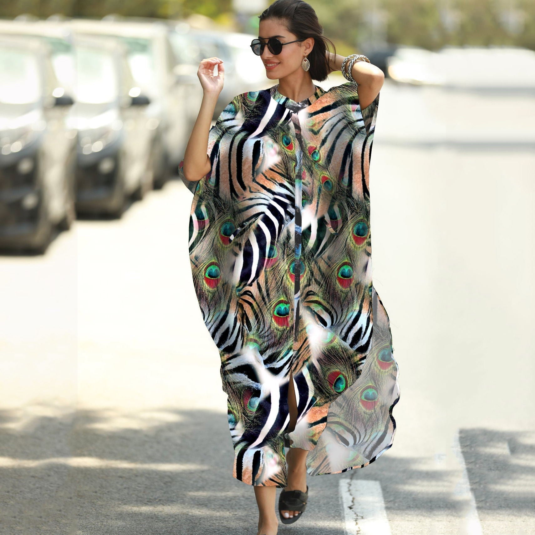 Beach Cover-up Elastic Printing Oversized Button Vacation Robe Bella Mia