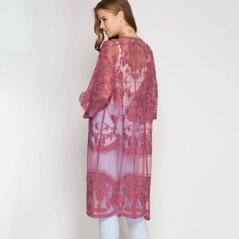 Sexy Grape Silk Embroidered Seaside Vacation Sun Protection Clothing Beach Jacket Bikini Swimsuit Outwear Cardigan for Women Bella Mia