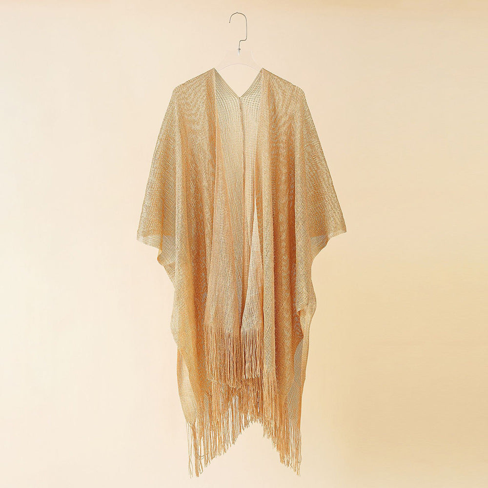 Beach Solid Color Sun Proof Tassel Knitting Beach Cover Up Sweater Shawl Cardigan Bella Mia