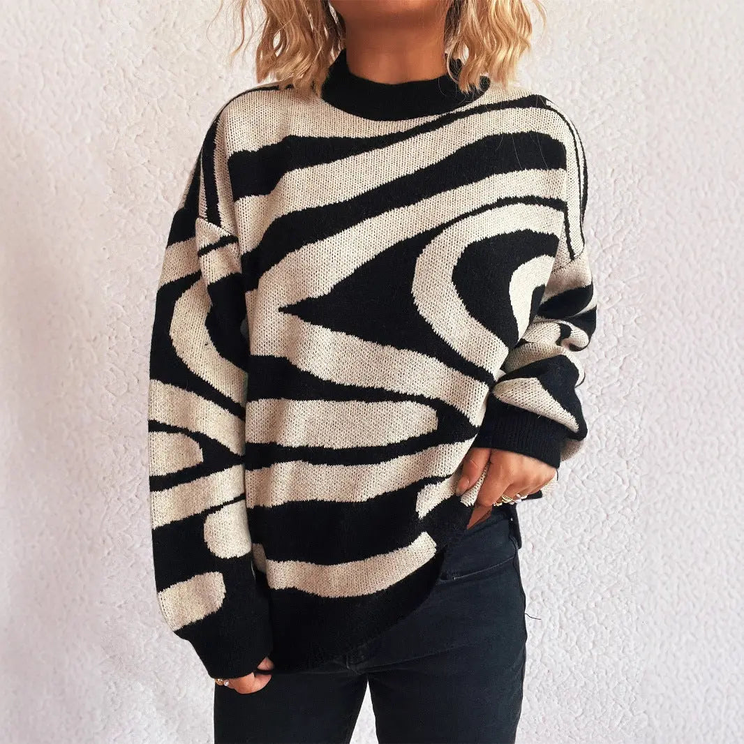 Women Clothing Fall Knitted Pullover Zebra Pattern round Neck Shabby Sweater Bella Mia