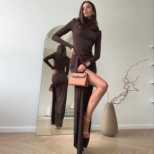 Women Clothing Winter Sexy Slit Sheath Dress Sexy Turtleneck Slim Fit Dress Bella Mia