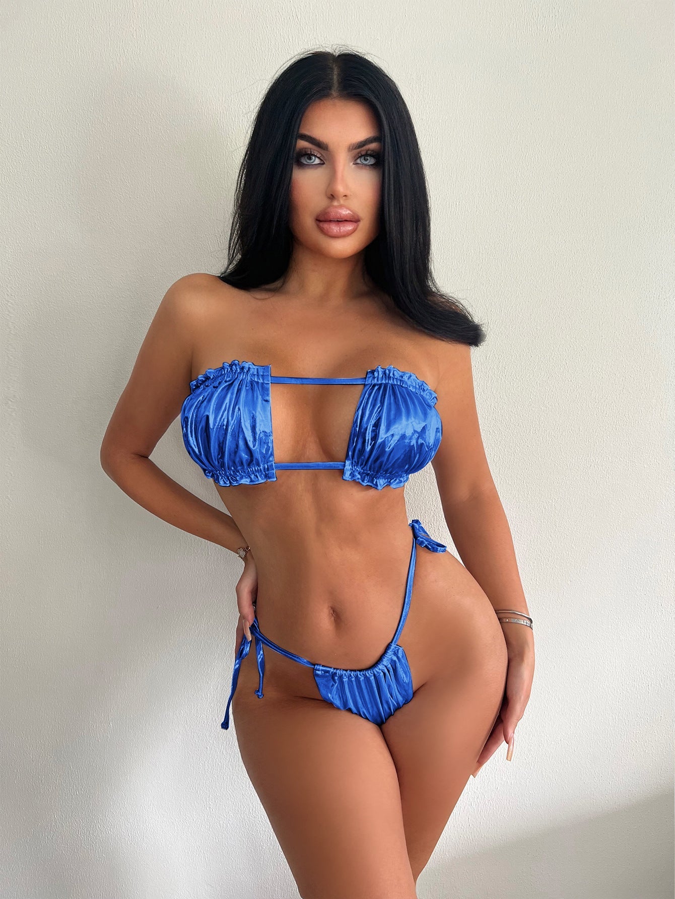 Bikini Bronzing Lace Pleated Tube Top Split Swimsuit Women Backless Lace up Bikini Bella Mia