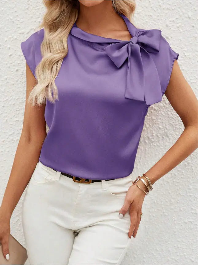 Half Open Collar Bow Satin Top Special Interest Design Satin Women Clothing T shirt Bella Mia