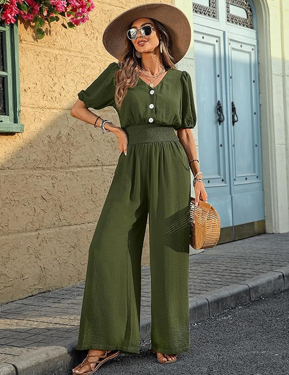 Women Wear Elegant Short Sleeve Collared Waist Tight Jumpsuit Wide Leg Loose Jumpsuit Bella Mia