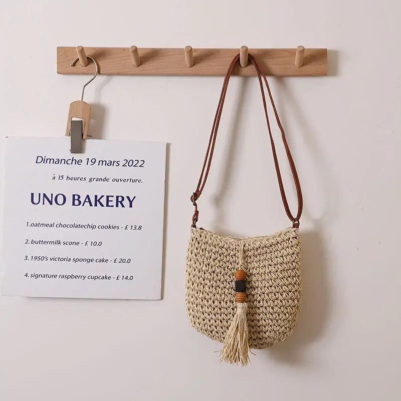 Crossbody Straw Bag With Wooden Bead Tassel Woven Beach Bag For Women Bella Mia