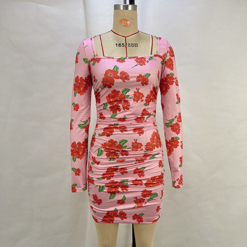 Women Spring Printed Sexy Square Collar Long Sleeve Waist Ruffle Hip Dress Bella Mia