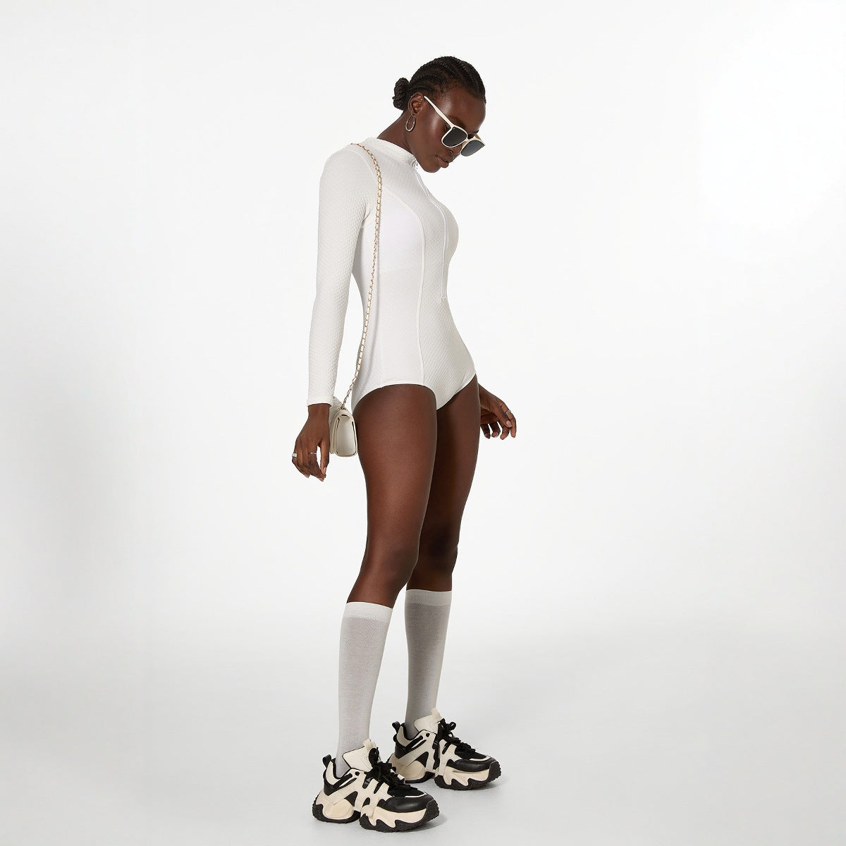 White Long Sleeved Swimsuit One Piece Swimsuit Women Solid Color Spring Bella Mia