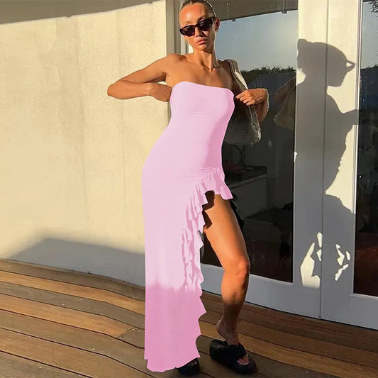 Elegant Strapless Polyester Maxi Dress With Ruffles And Slit In Solid Color Bella Mia