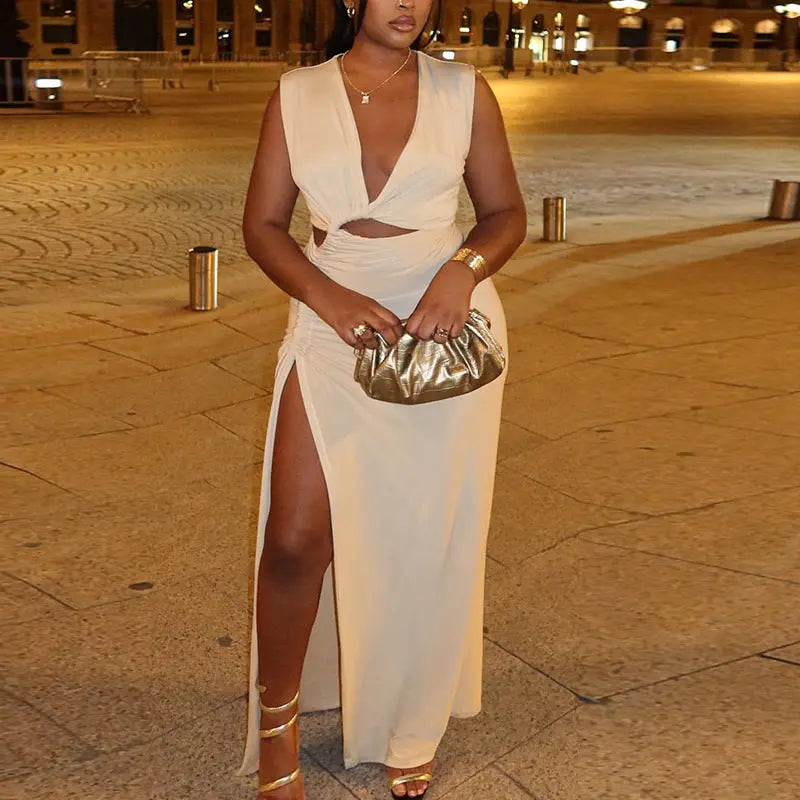 Women Clothing Solid Color Dress Oblique V neck off Shoulder Sleeveless Irregular Asymmetric Slit Bella Mia