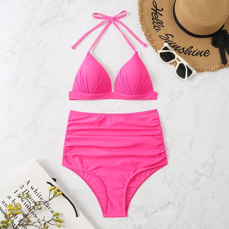 Solid Color Bikini Lace up Triangle Sexy Split Swimsuit Pleated Swimsuit Women Bella Mia