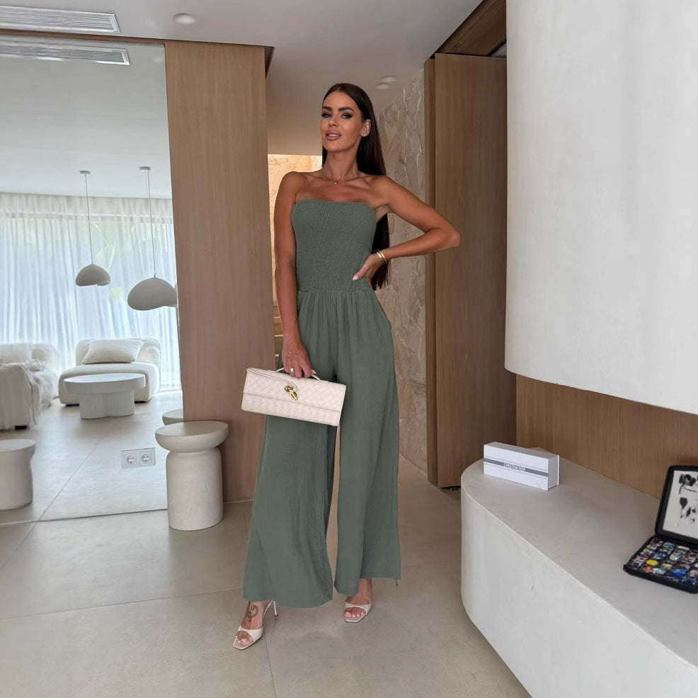 Summer Women Clothing Solid Color Waist Tight Chest Pocket Jumpsuit Bella Mia