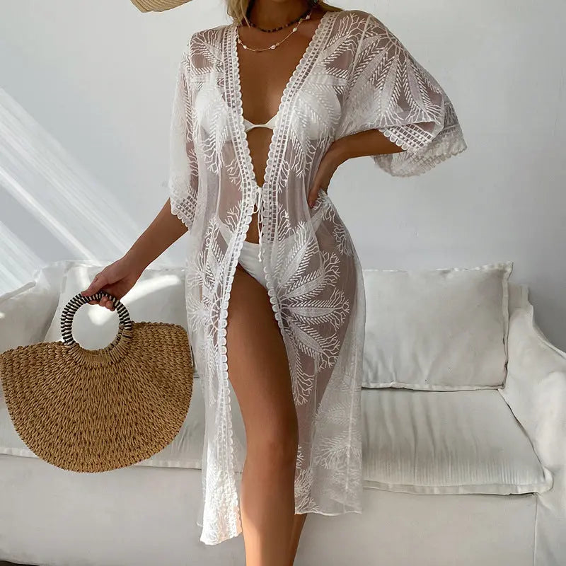 Swimwear Coat Sunscreen Strap Sexy Cutout Cardigan Mid Length Outer Match Embroidered Beach Beach Cover Up Bella Mia