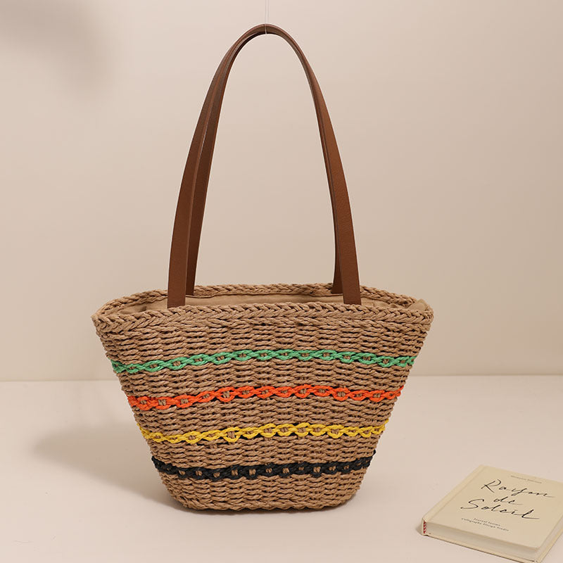 Colorful Striped Shoulder French Straw Bag Large Capacity Woven Bag Women Seaside Vacation Beach Bag Bella Mia