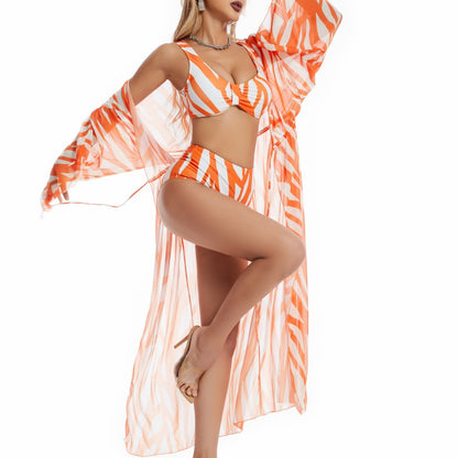 Women Swimming Sun Proof Set Striped Printed Mesh Trousers Blouse Swimsuit Women