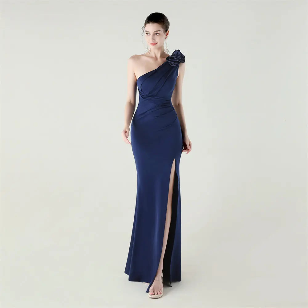 One Shoulder Three Dimensional Floral Satin Folding High Slit Sexy Evening Dress Dinner Wedding Social Bella Mia