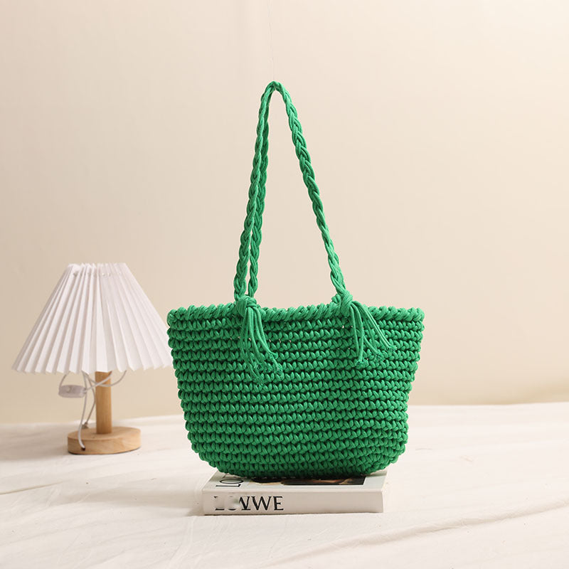 Tassel Shoulder Cotton Thread Woven Bag Solid Color Straw Bag Vacation Beach Bag Casual Women Bag Bella Mia