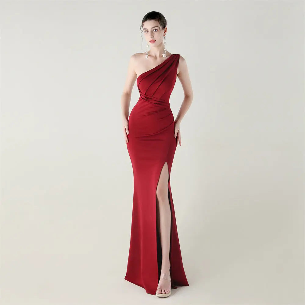 One Shoulder Slim Fit Satin Folding High Slit Sexy Evening Dress Fishtail Dress Dinner Wedding Social Networking Bella Mia