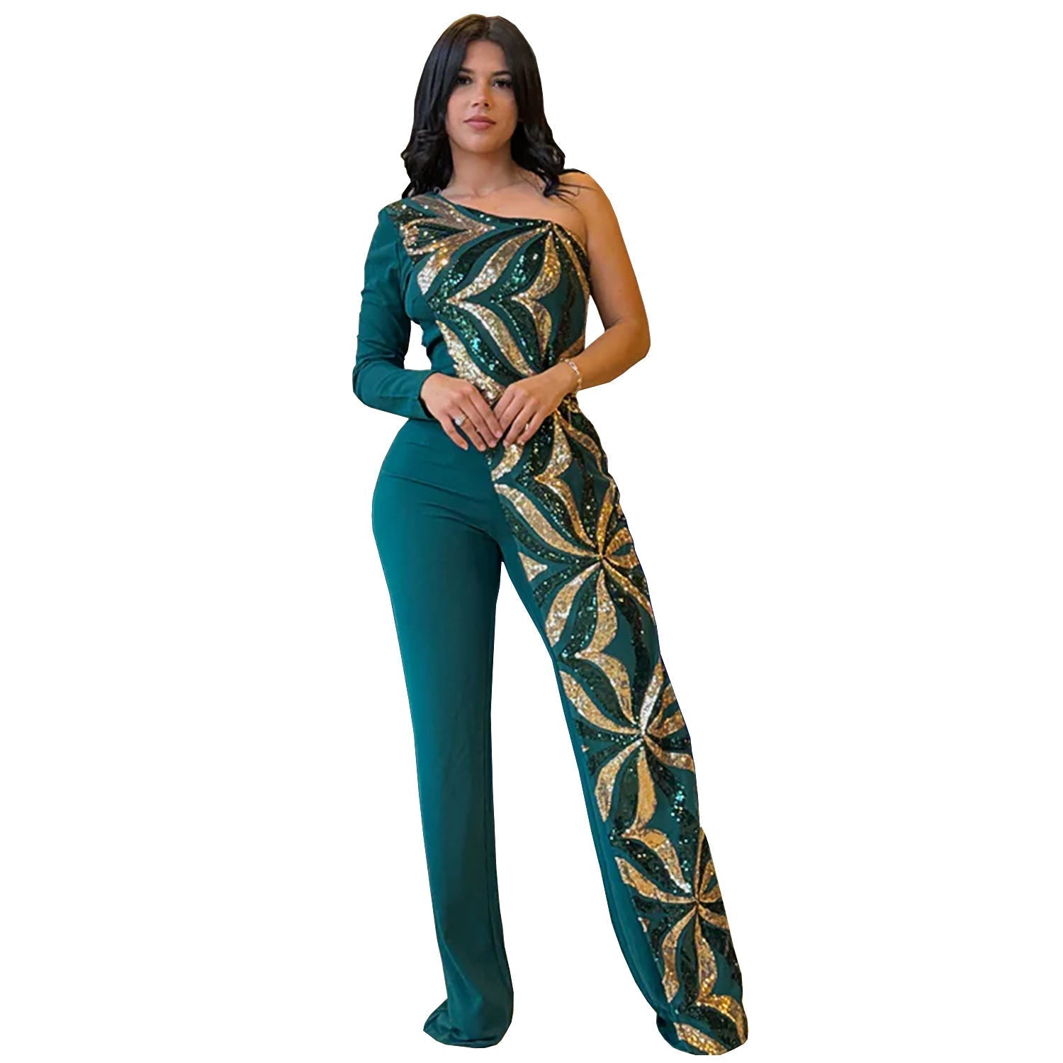 Women Wear Elegant Bodycon One Shoulder Bead Bag Arm Jumpsuit Bella Mia