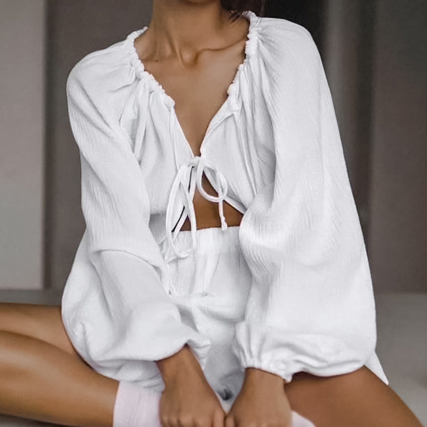 Autumn Loose Casual Cotton Pajamas Women Cardigan Long Sleeve Shorts Comfortable Homewear Can Be Worn outside Bella Mia