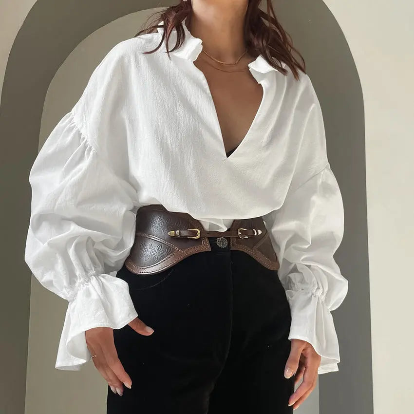 Spring White Cotton Puff Sleeve Blouse With V Neck And Relaxed Fit Bella Mia