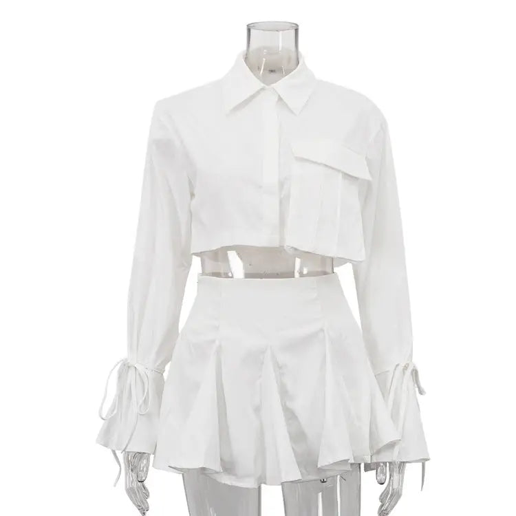 White Collared Bell Sleeve Crop Top And Pleated Skirt Two Piece Set Bella Mia