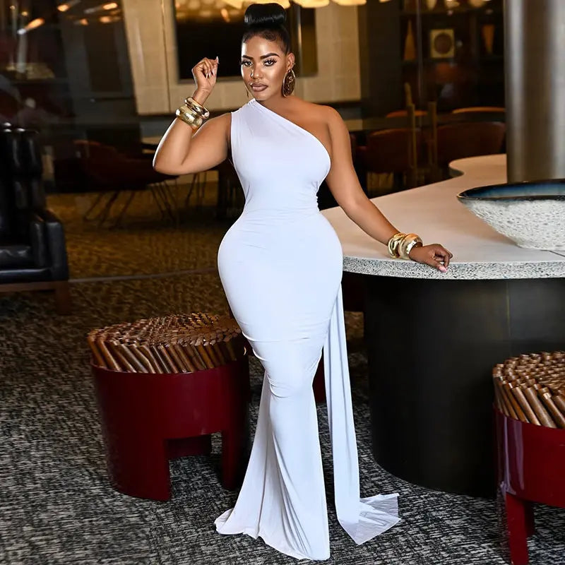 Women Clothing Tied Slim Fit Design Slimming Hip Pleated Diagonal Collar Shoulder Solid Color Length Dress Bella Mia