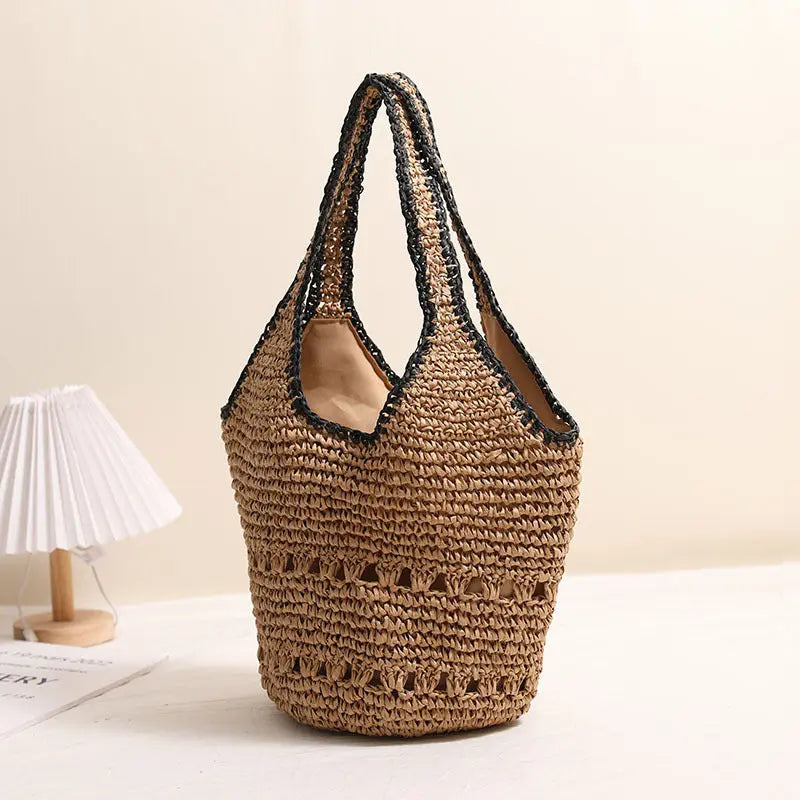 Large Capacity One Shoulder Straw Bag Casual Hollow Out Cutout Portable Straw Bag Woven Bag Women Seaside Vacation Beach Bag Bella Mia