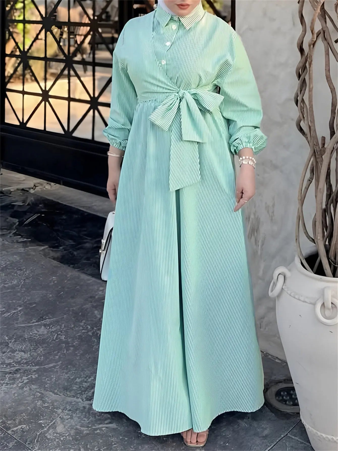 Women Striped Long Sleeve Turn down Collar Elegant Casual Robe Tunic Dress Bella Mia