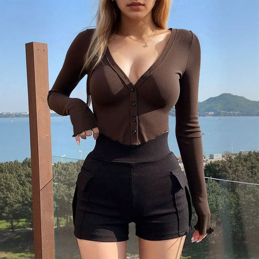 Fall Sexy Long Sleeve Button Cardigan Slim V neck Top Bella Mia