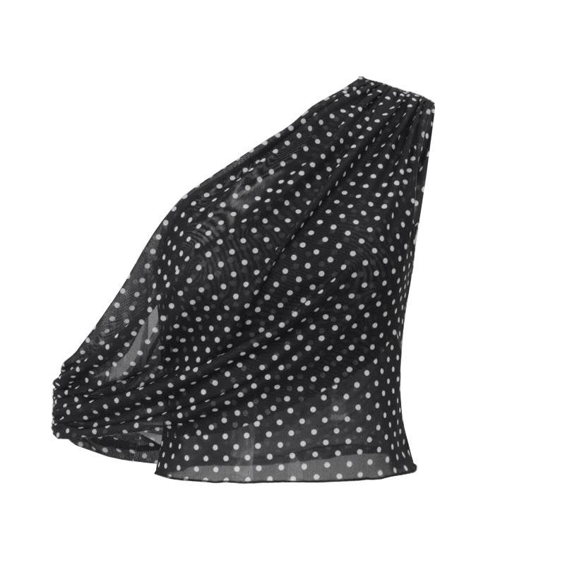 Women Clothing Summer Sexy Diagonal Collar Polka Dot Chiffon See through Irregular Asymmetric Top Women Bella Mia