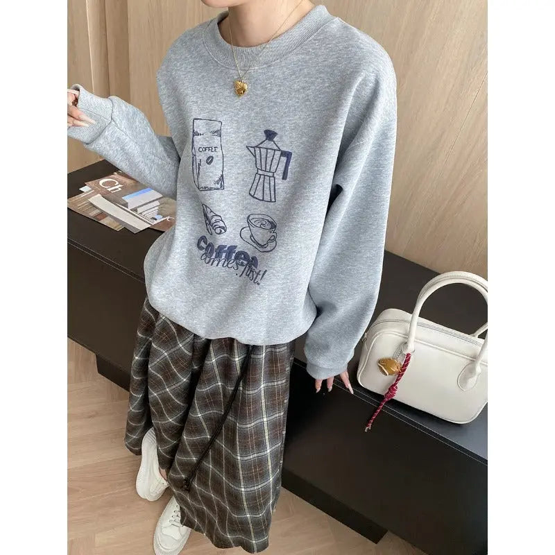 Atmosphere Fun Coffee Bread Printing round Neck Loose Pullover Sweater Bella Mia