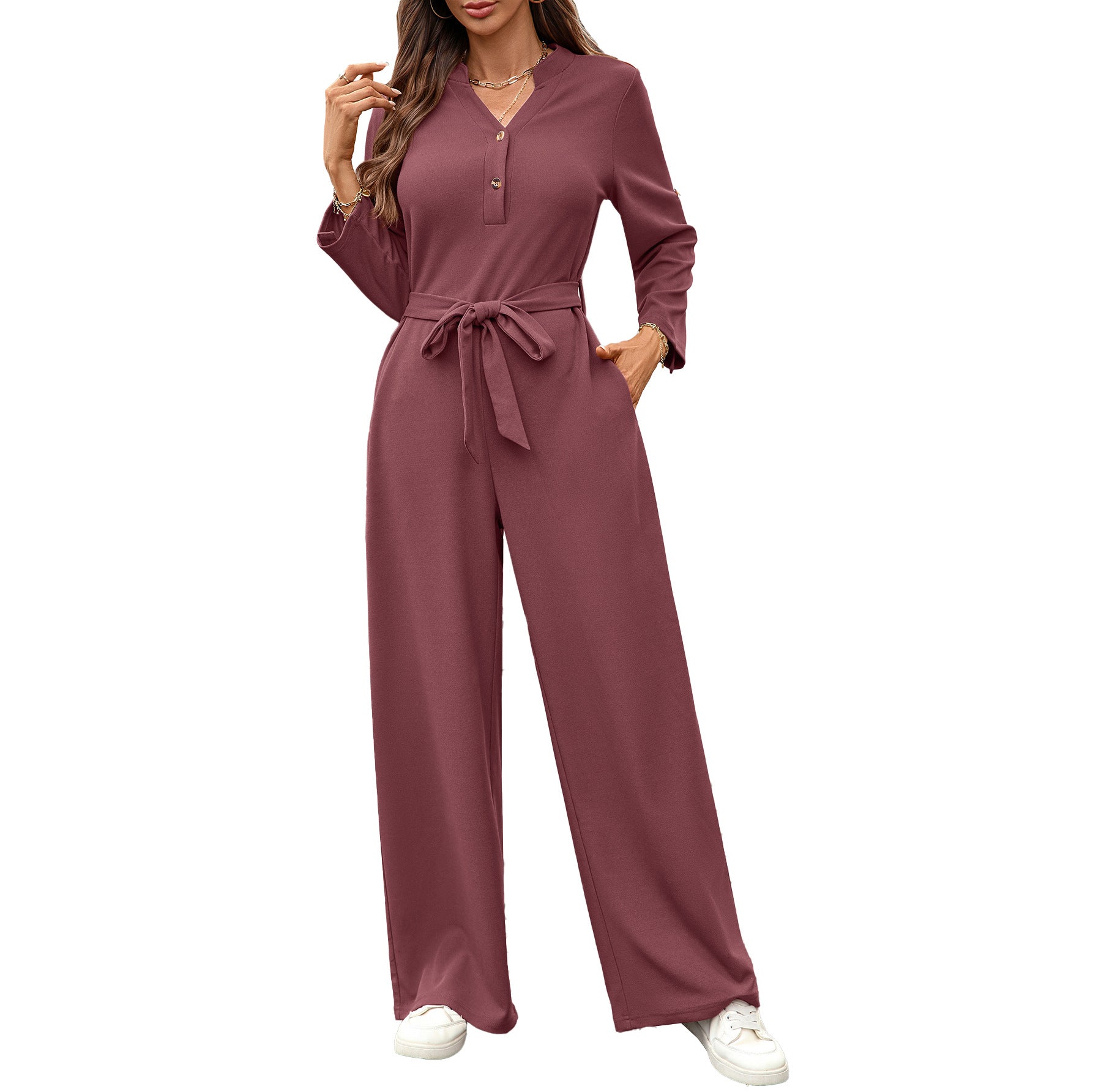 Spring Summer Solid Color High Waist Lace up Button Long Sleeve Loose Jumpsuit Bella Mia